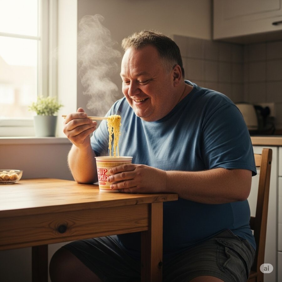 カップ麺を食べる太った男性