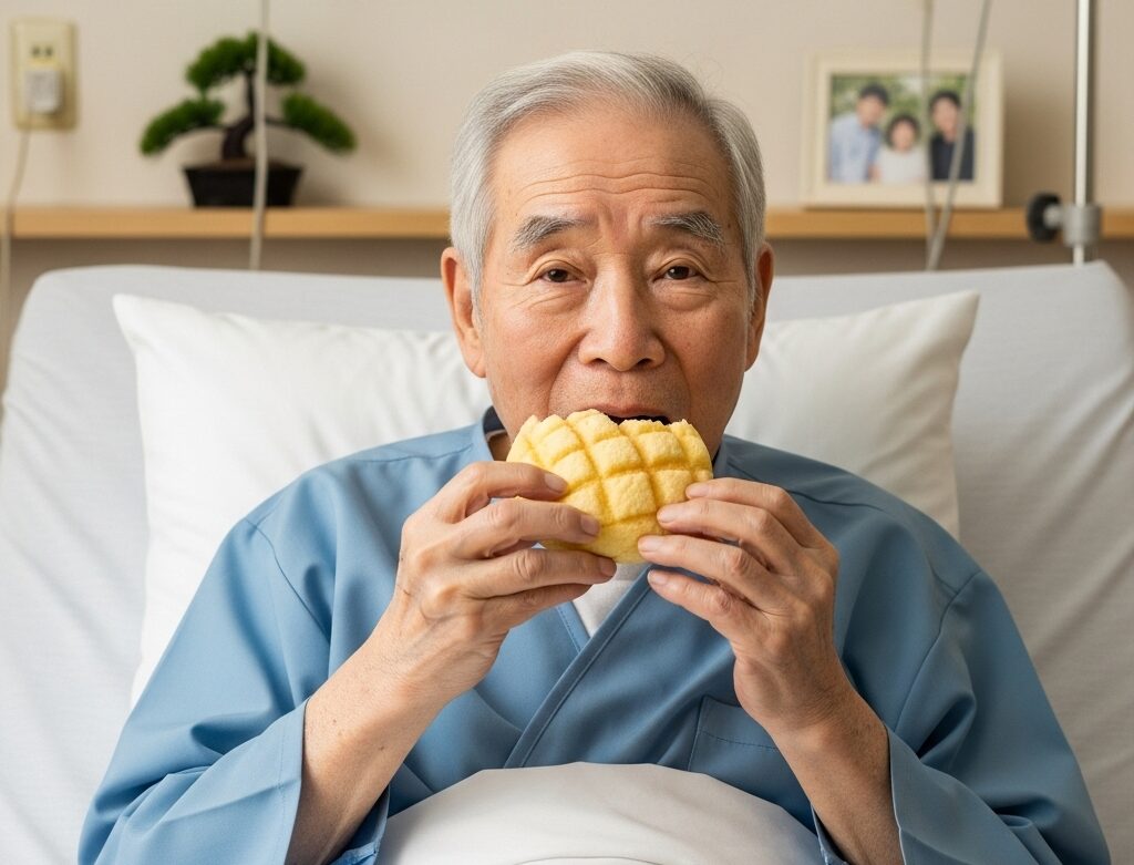 メロンパンを病床で食べる高齢者イメージ