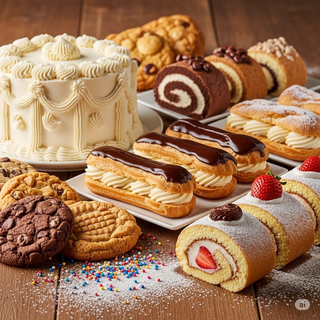 ケーキやクッキー、エクレア、ロールケーキ