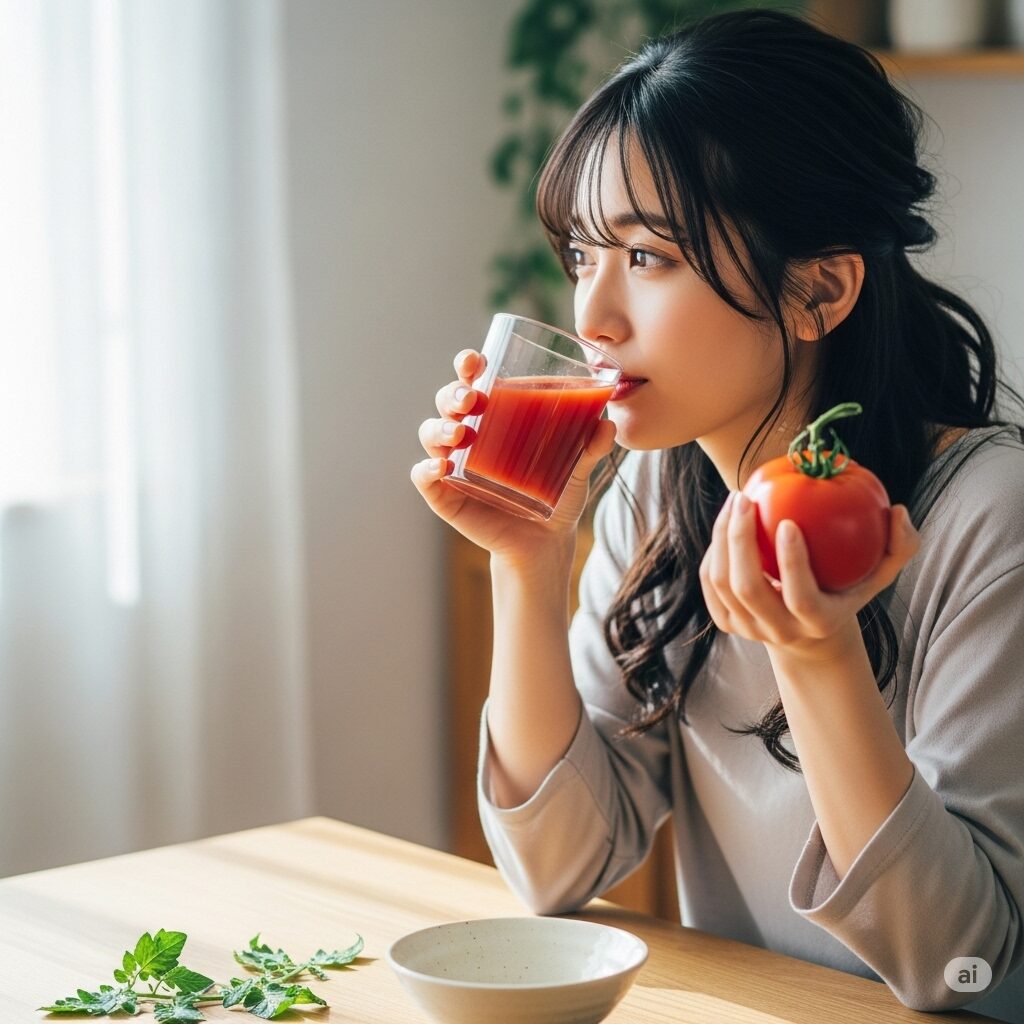 トマトジュースを飲む女性