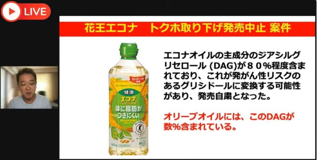 発がん性リスクの懸念から自主回収された油(エコナ油)