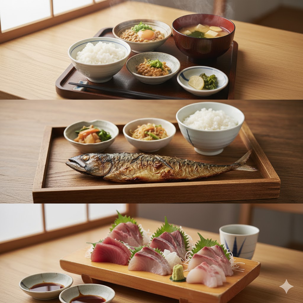 朝食： 納豆、味噌汁、ぬか漬け。

昼食： 焼き魚定食。

夕食： 刺身。