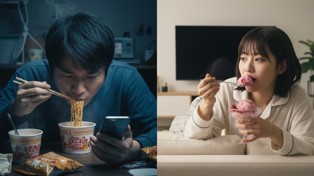 カップラーメンを食べる日本人男性とアイスクリームを食べる日本人女性の画像