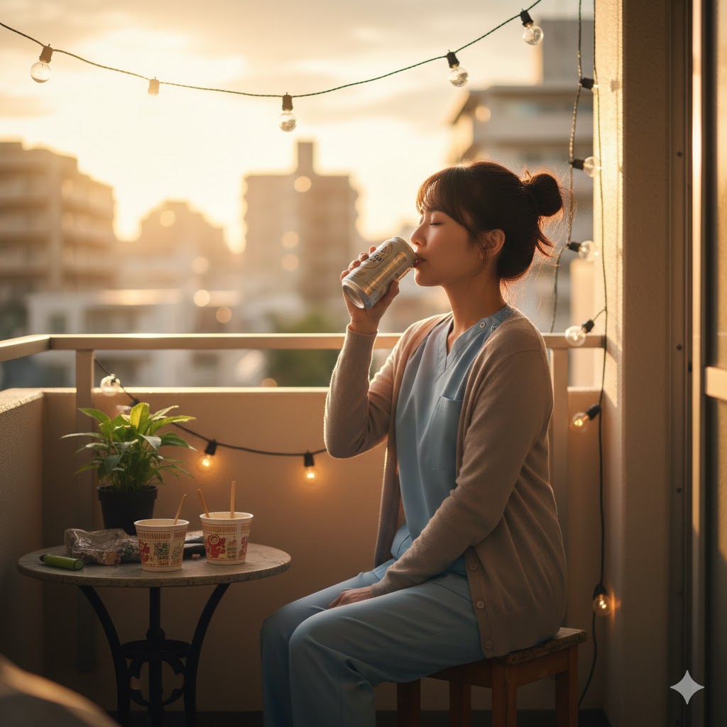 仕事終わりに缶ビールを飲む看護師