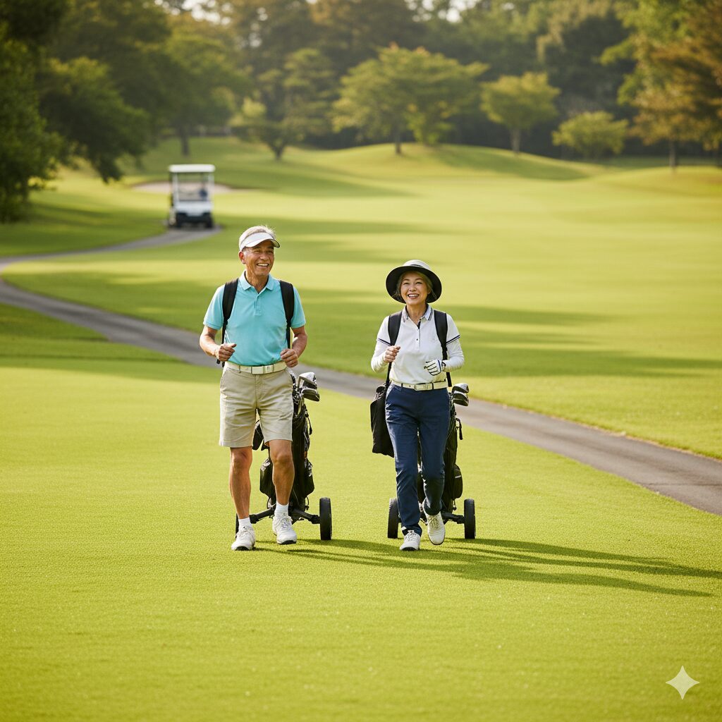 ゴルフ場で歩く老夫婦