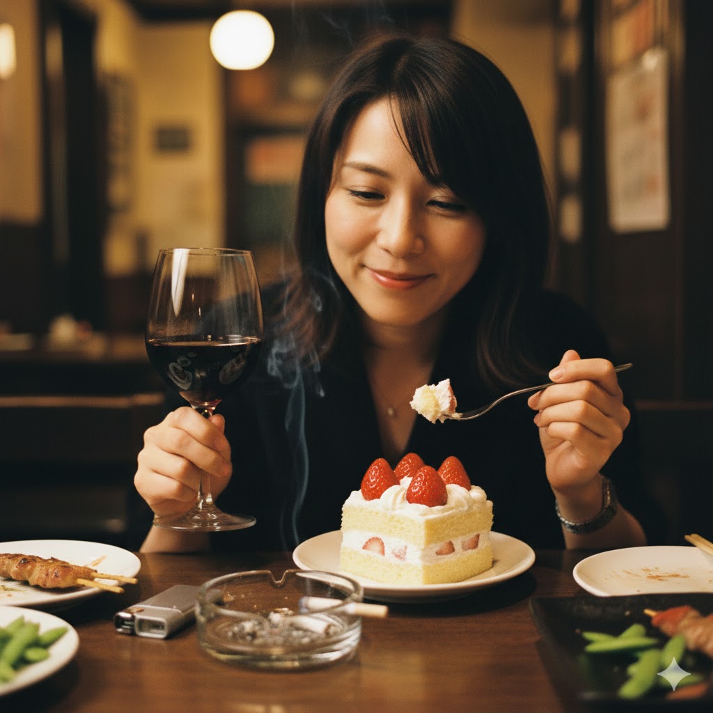 赤ワインを飲みながらケーキを食べる女性