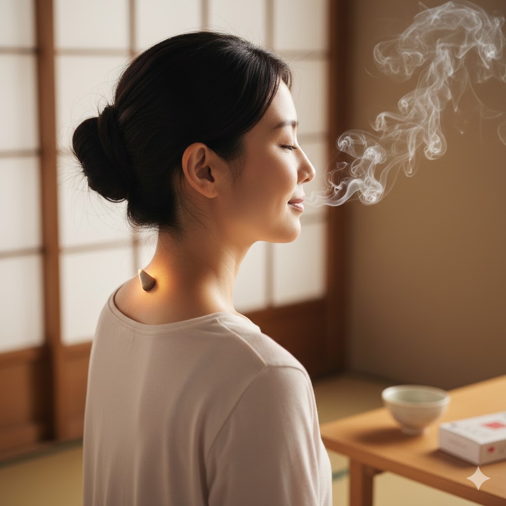 大椎穴を温めて風邪予防を行う女性